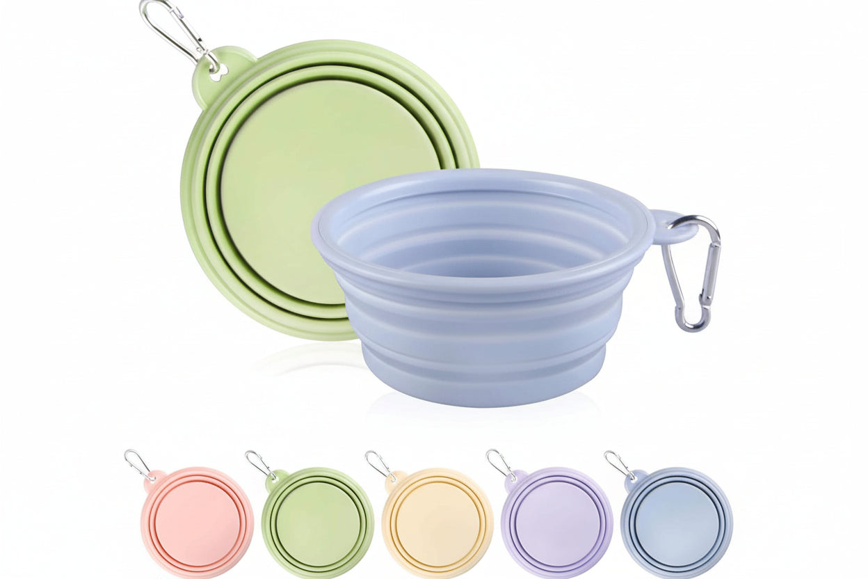 Collapsible blue silicone dog bowl for hiking" and "Portable folding travel bowl for pets