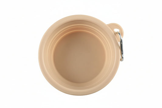 Collapsible blue silicone dog bowl for hiking" and "Portable folding travel bowl for pets